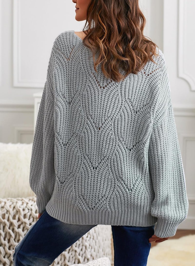 Dokotoo Womens Winter Fall Crew Neck Sweaters for Women Long Sleeve Solid Hollow Out Autumn Winter Fall Basic Casual Loose Chunky Knit Pullover Sweaters for Women Jumper Tops Grey Large - Image 4